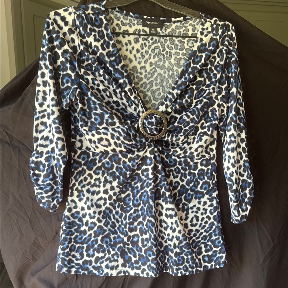 AB Studio Black and Cream Ruched Tie Front Blouse